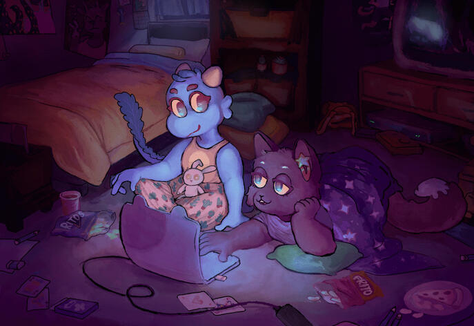 Illustration: Anthro characters looking at a laptop in dim room.