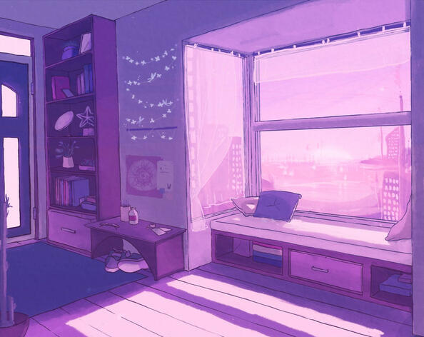 Illustration: Bay window scene washed in pink light.