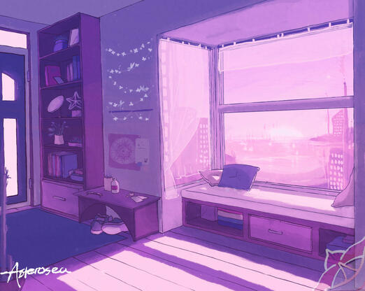 Illustration: Bay window scene washed in pink light.