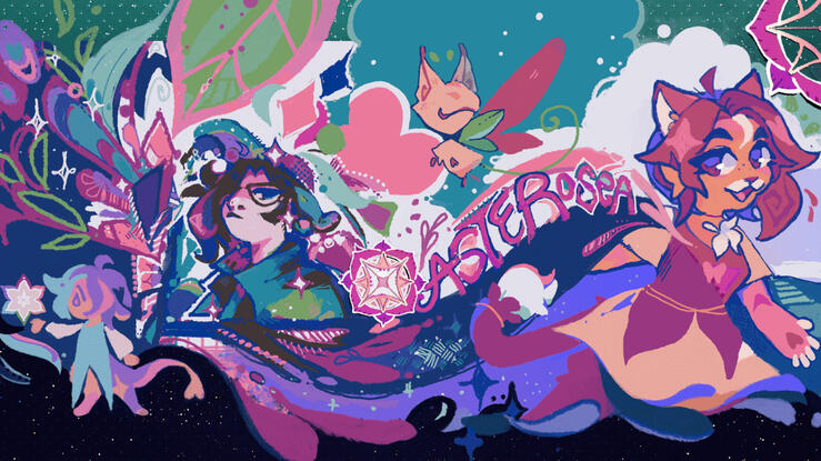 Illustration: A colorful and eclectic mural featuring asterosea's characters, sonas, and their logo.