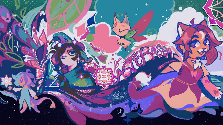 Illustration: A colorful and eclectic mural featuring asterosea's characters, sonas, and their logo.